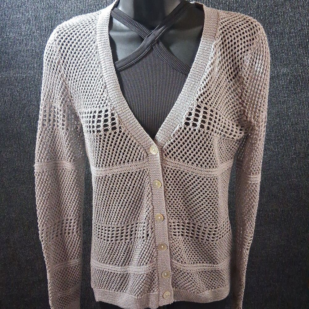 Studio Y Sweater Button Down Cardigan Gray w-Metallic Threads Classy Glam Sz M